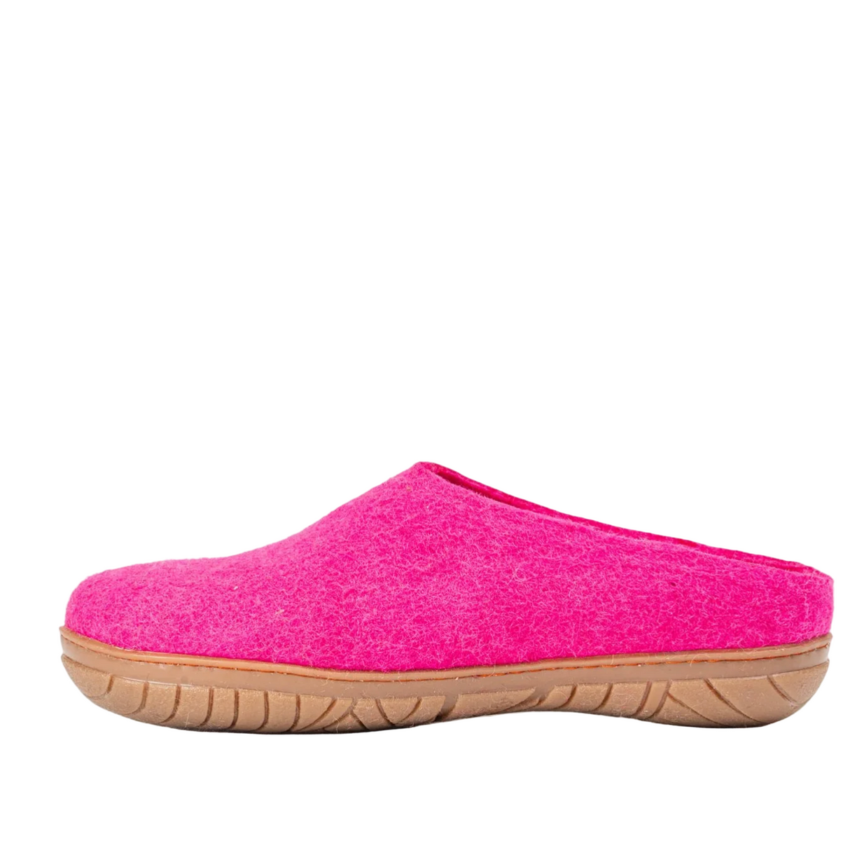 Pink slipper with a brown sole on a white background