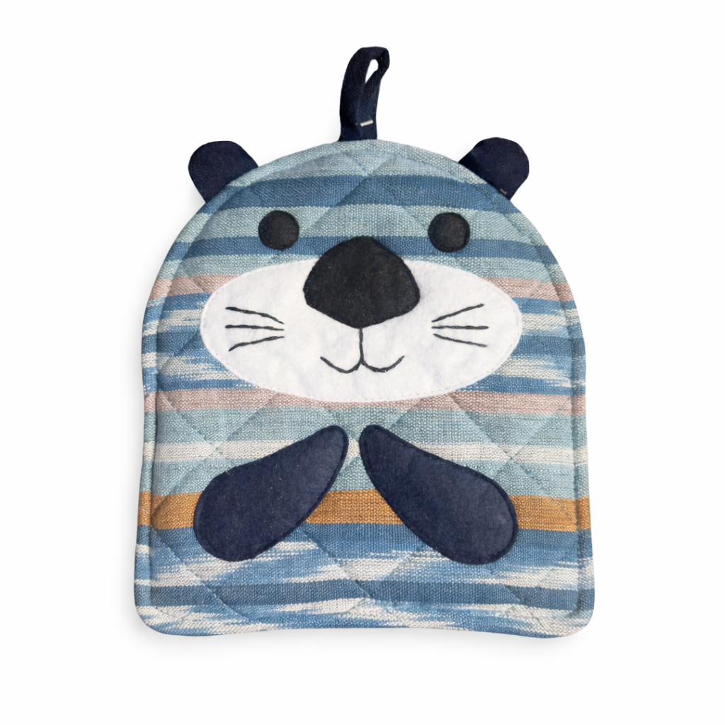 Striped animal-shaped pot holder with a blue and white design on a white background