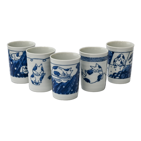 Set of 5 Adorable Cat Tea Cups, Blue & White Mino-Ware, 180ml (6oz.) - Sumiye Co