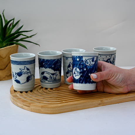 Set of 5 Adorable Cat Tea Cups, Blue & White Mino-Ware, 180ml (6oz.) - Sumiye Co