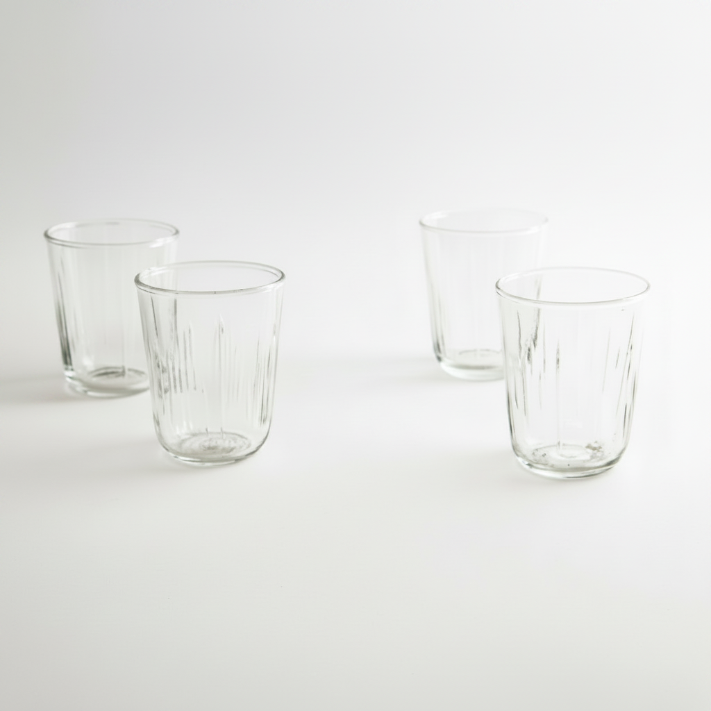 Set of clear glass tumblers with a lit candle and pink flowers on a white background