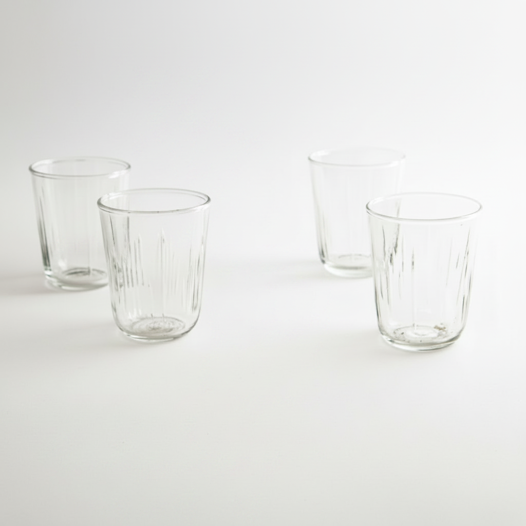 Set of clear glass tumblers with a lit candle and pink flowers on a white background
