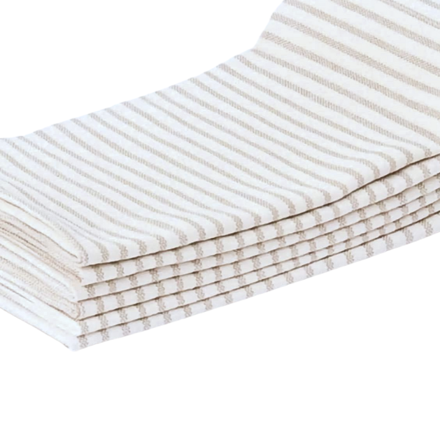 Stack of folded gray and white striped cloth napkins on a white background