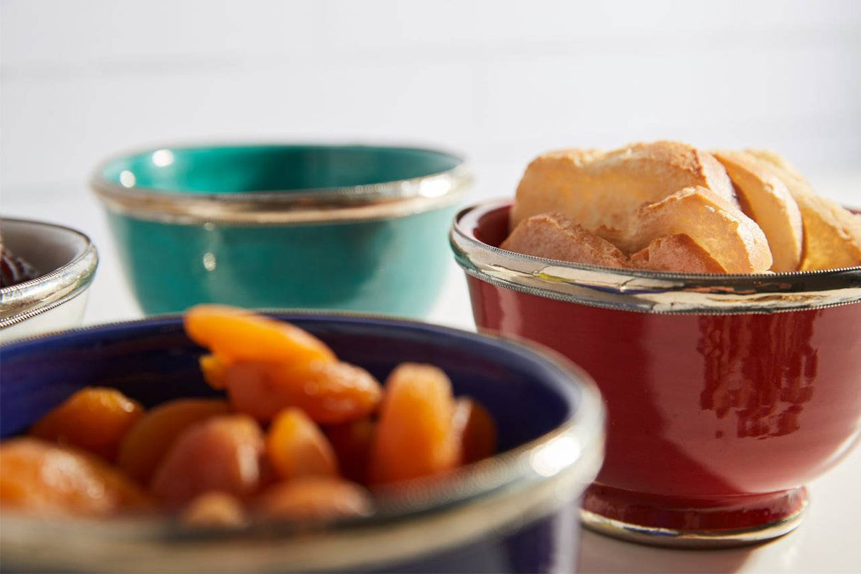 Moroccan Glazed Bowls Berber Silver Trim- Set of 3 (5" x 5" x 3") - Sumiye Co