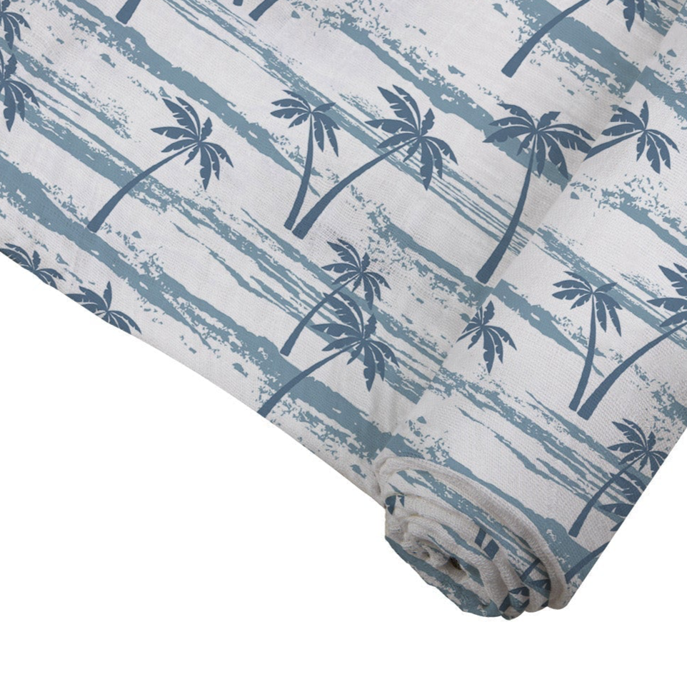 Baby Swaddle | Bamboo Muslin - Ocean Palm Trees - Sumiye Co