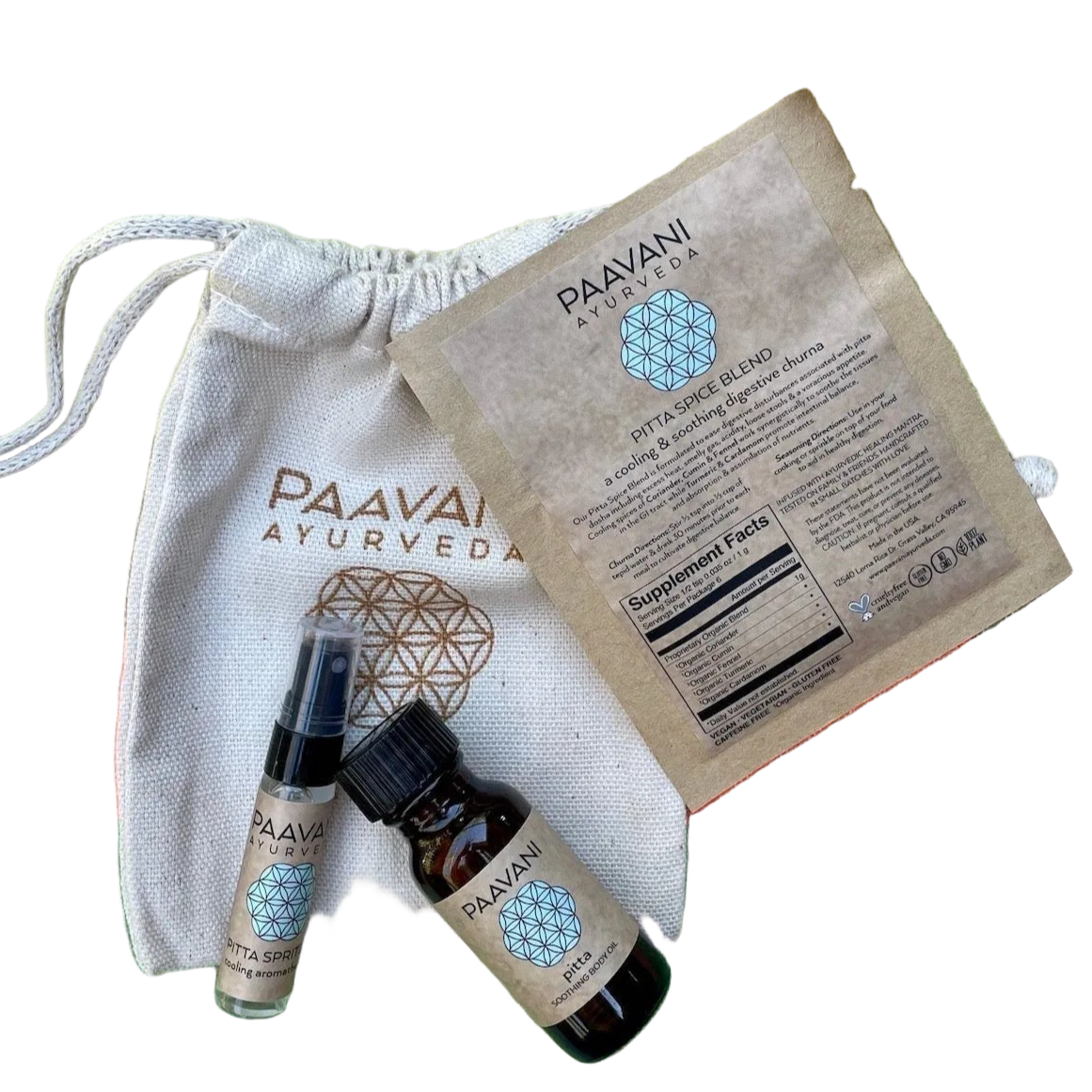 PAAVANI Ayurveda products including bottles and a pouch on a white background