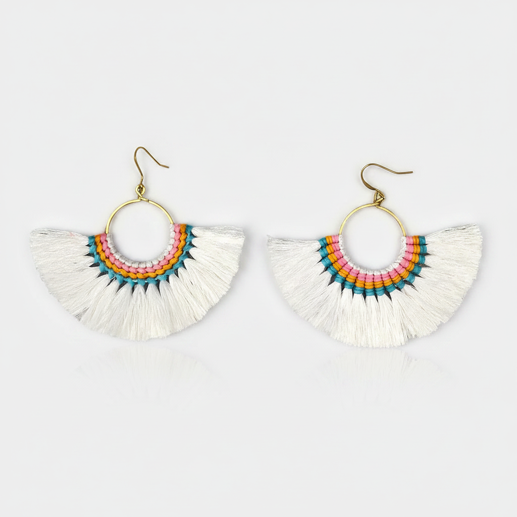 Pair of colorful fan-shaped earrings on a light gray background
