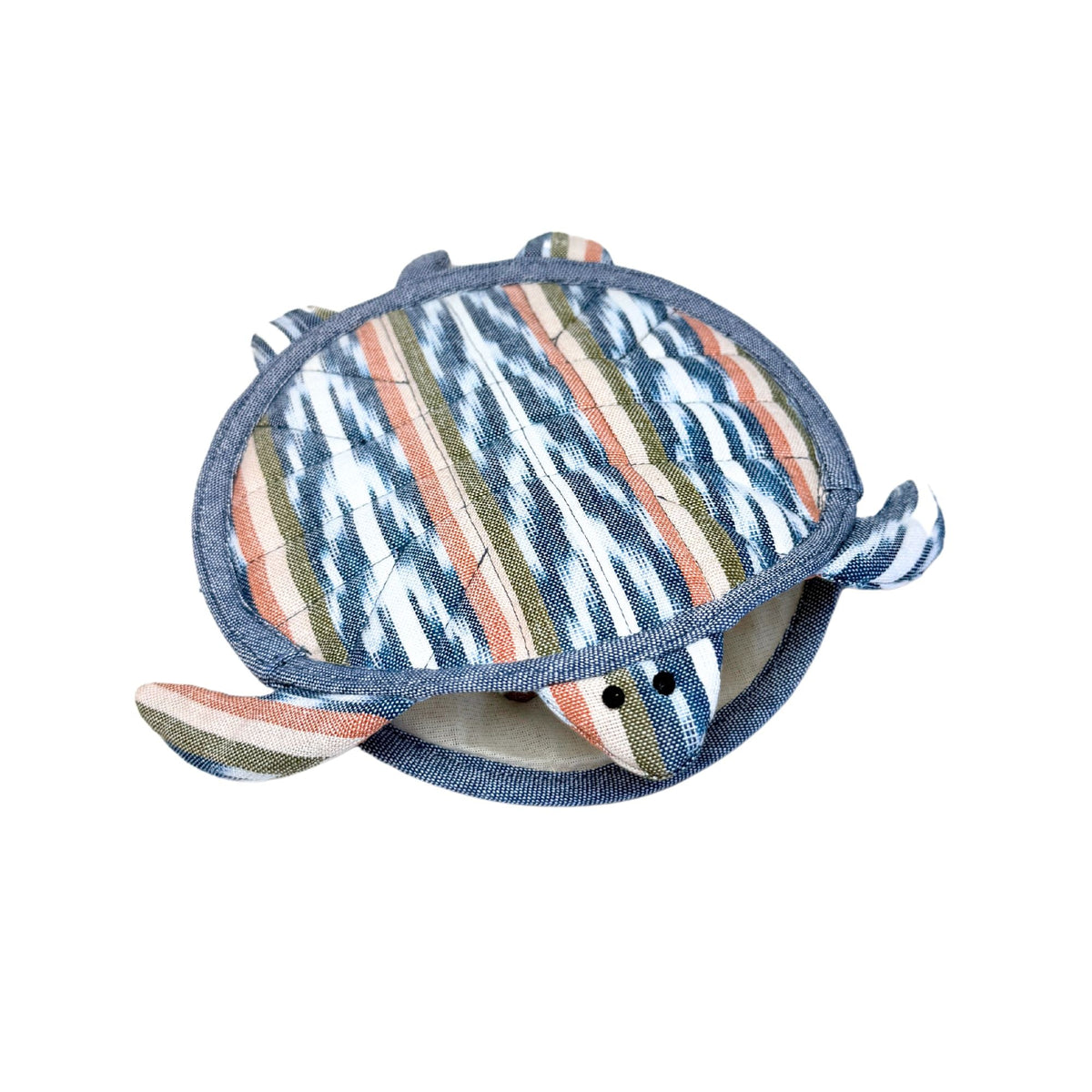 Striped turtle-shaped container on a white background