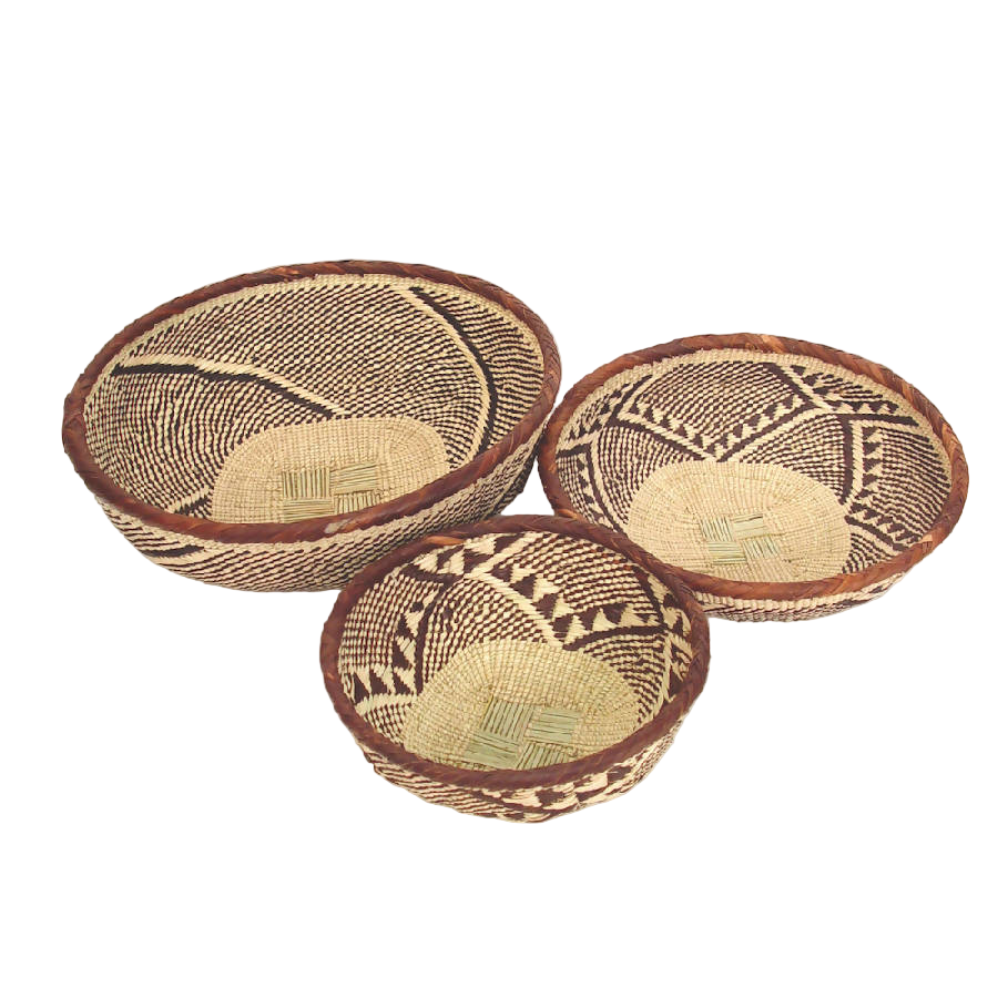 Three woven baskets with geometric patterns on a white background