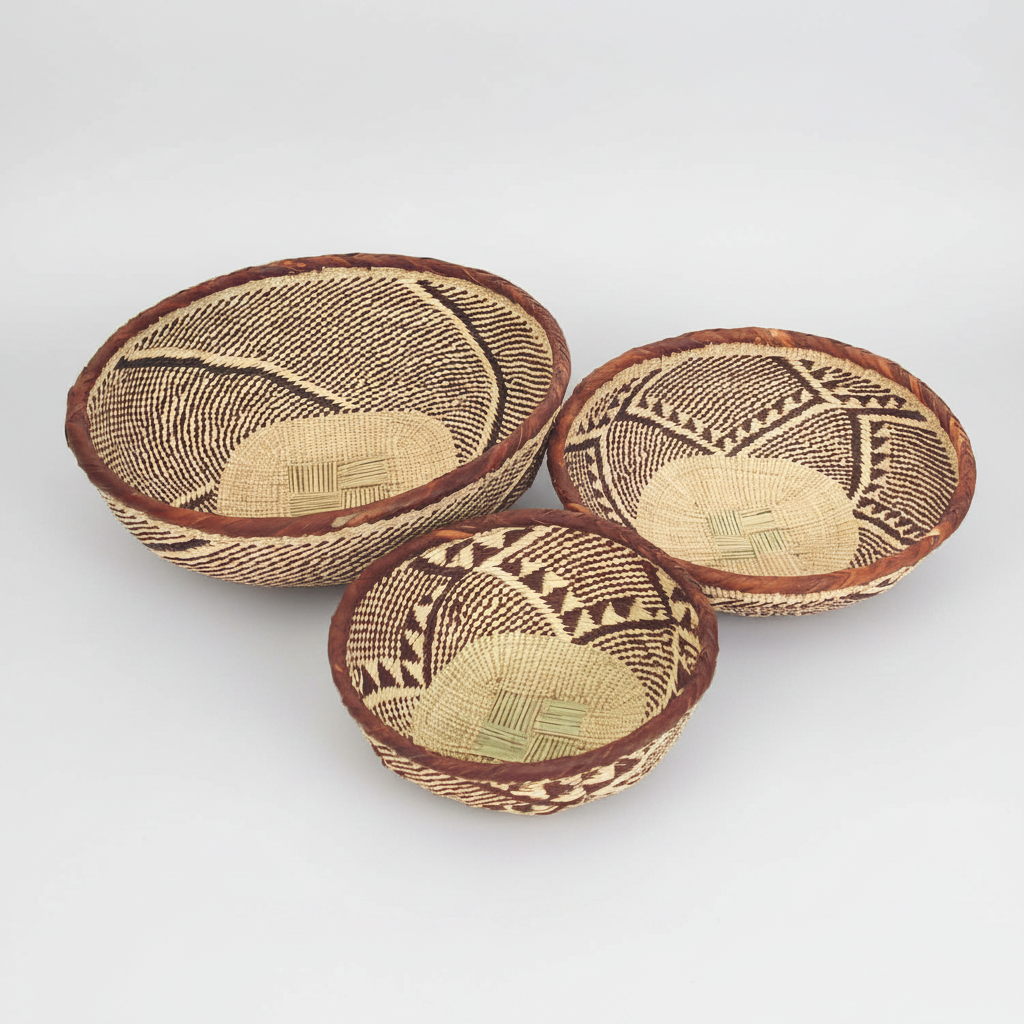 Three woven baskets with geometric patterns on a white background