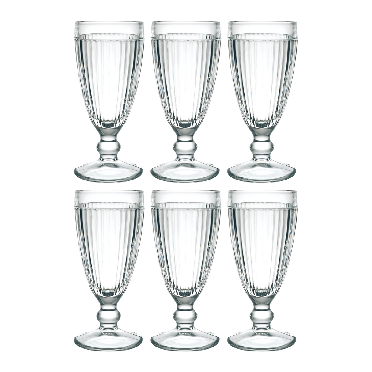 The La Rochere Antillaise Ice Cream Cup Set of 6 includes six empty, clear ribbed glass goblets ideal for serving ice cream sundaes, displayed in two rows on a white background.