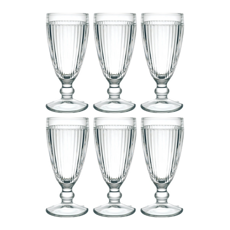 The La Rochere Antillaise Ice Cream Cup Set of 6 includes six empty, clear ribbed glass goblets ideal for serving ice cream sundaes, displayed in two rows on a white background.