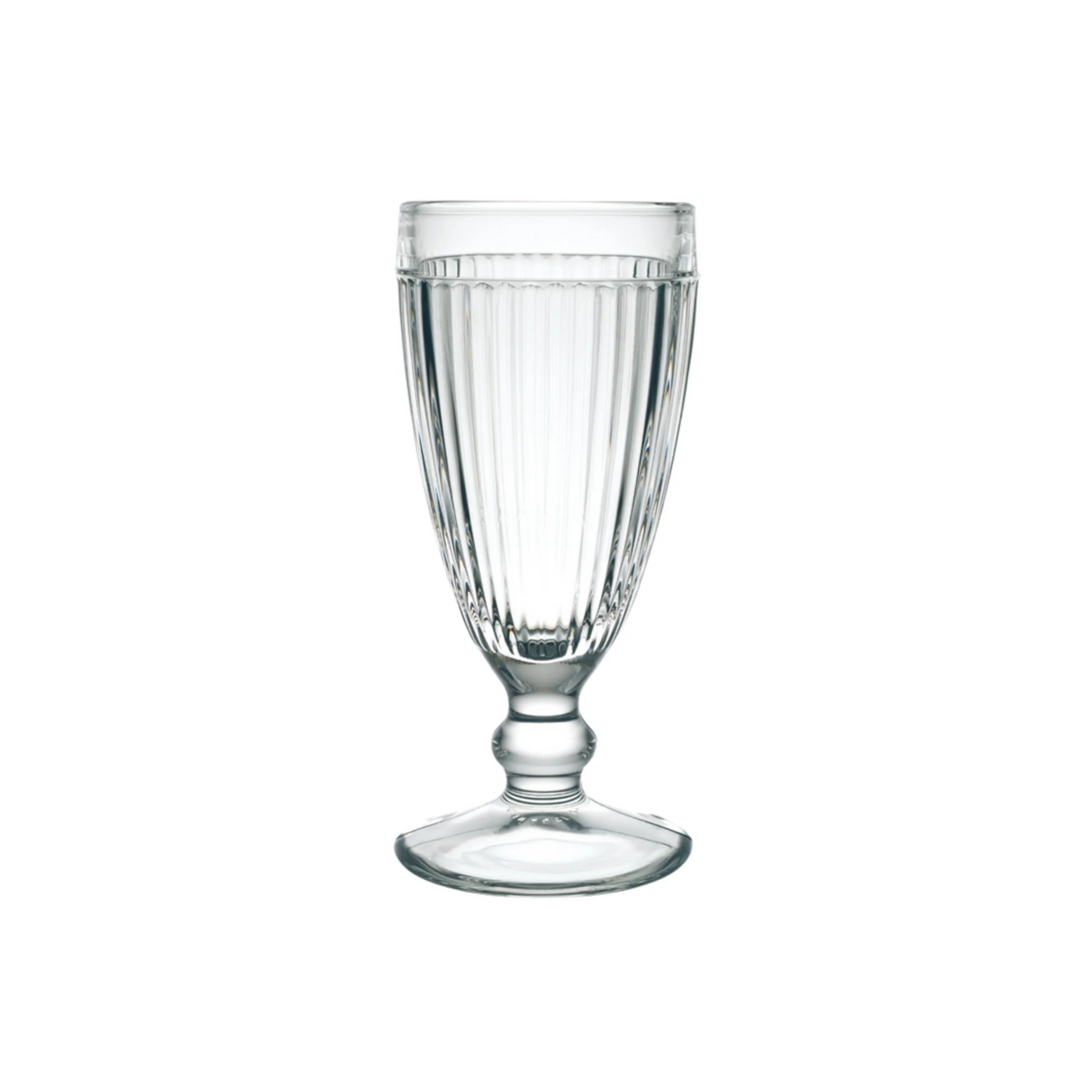 A La Rochere Antillaise Ice Cream Cup filled with water stands elegantly on a plain white background, its clear ribbed glass showcasing a classic design.
