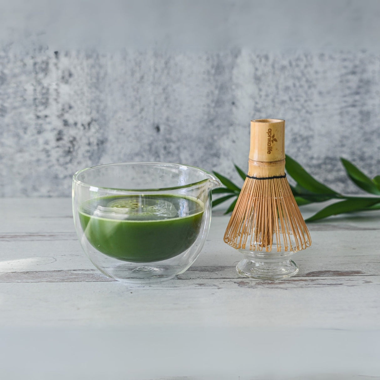 Double Sided (Double Wall) Glass Matcha Bowl with Spout, Bamboo Matcha Whisk and Whisk Holder Set