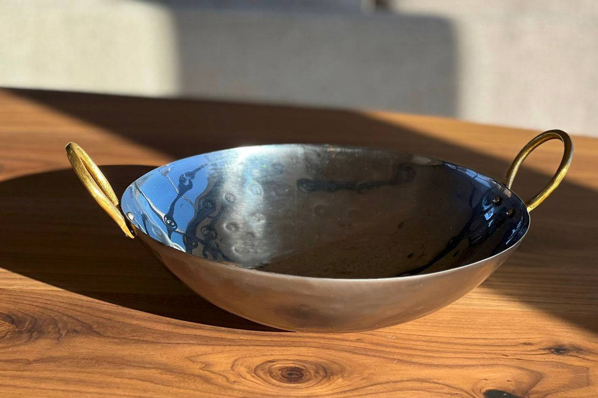 Indian Kadai Steel Wok with Brass Handles - Sumiye Co