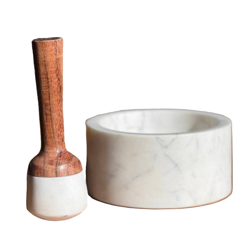White Marble Mortar & Pestle with Acacia Wood Handle - Sumiye Co