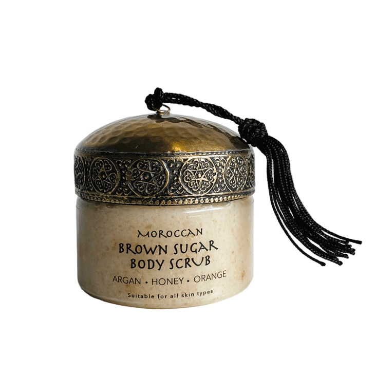 Jar of Moroccan Brown Sugar Body Scrub with decorative lid on a white background