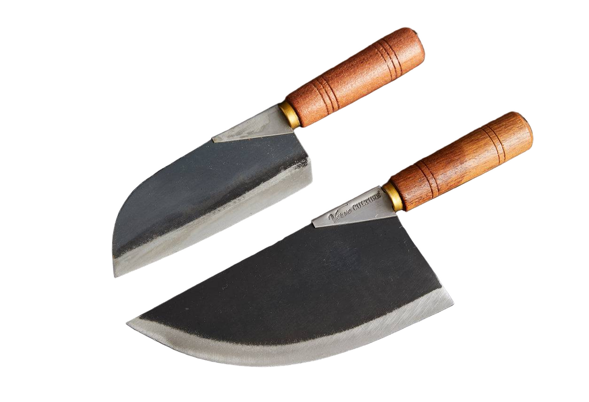 Two half-moon knives with wooden handles on a white background