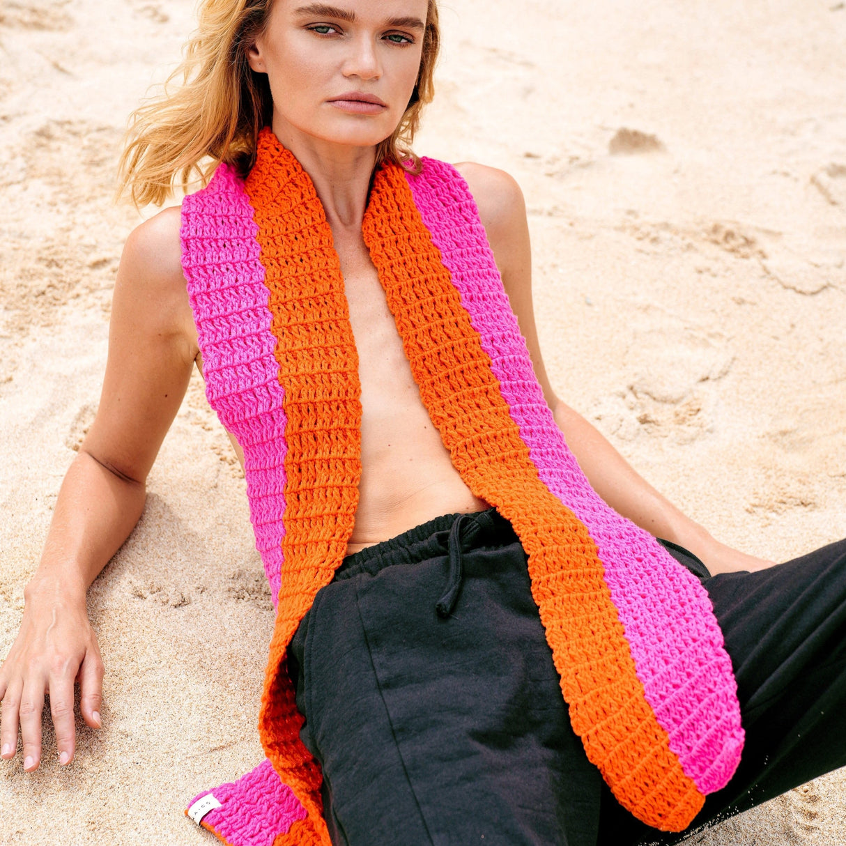 WAFFLE Crochet Scarf in Candy Pink & Tangerine Orang - Sumiye Co