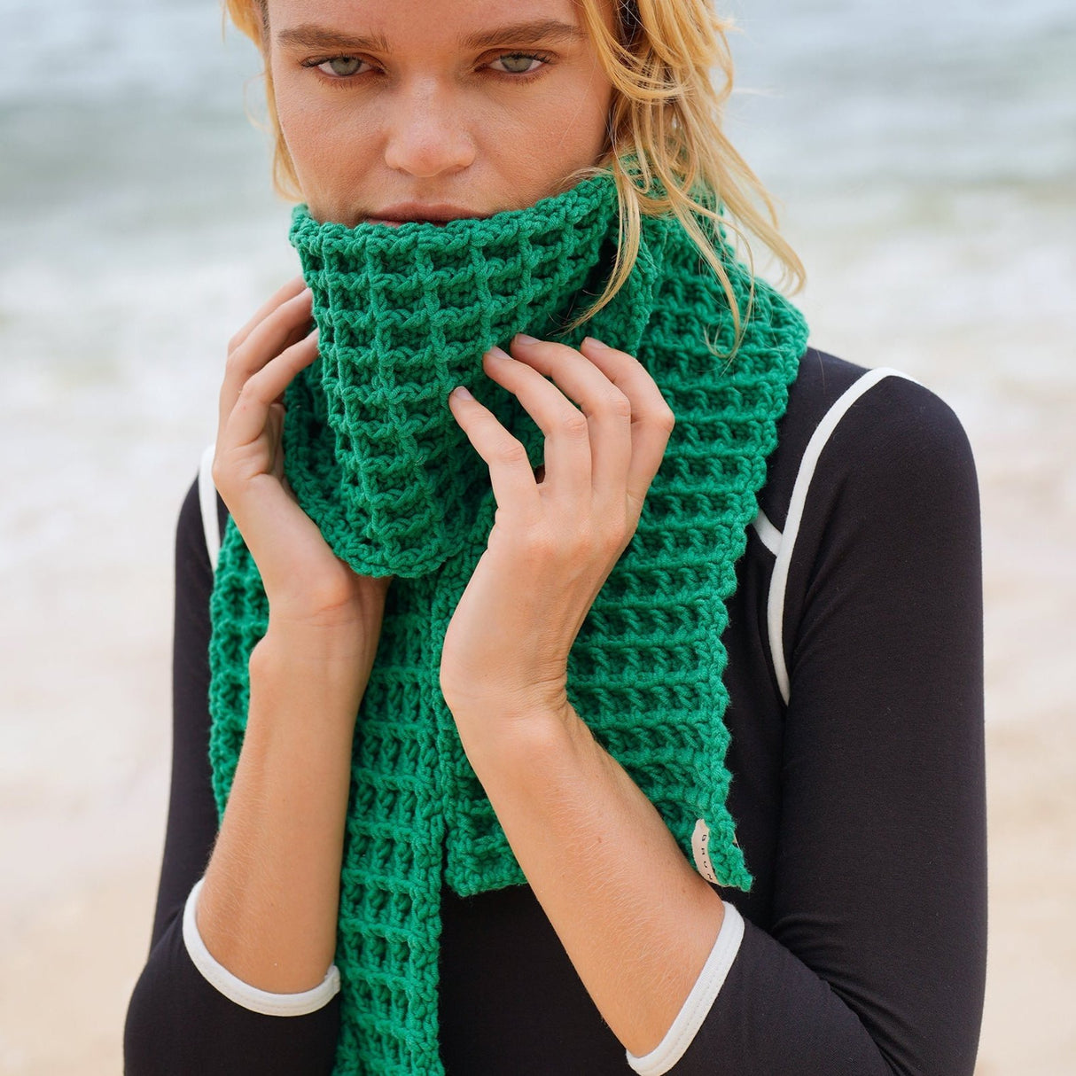WAFFLE Crochet Scarf in Green - Sumiye Co