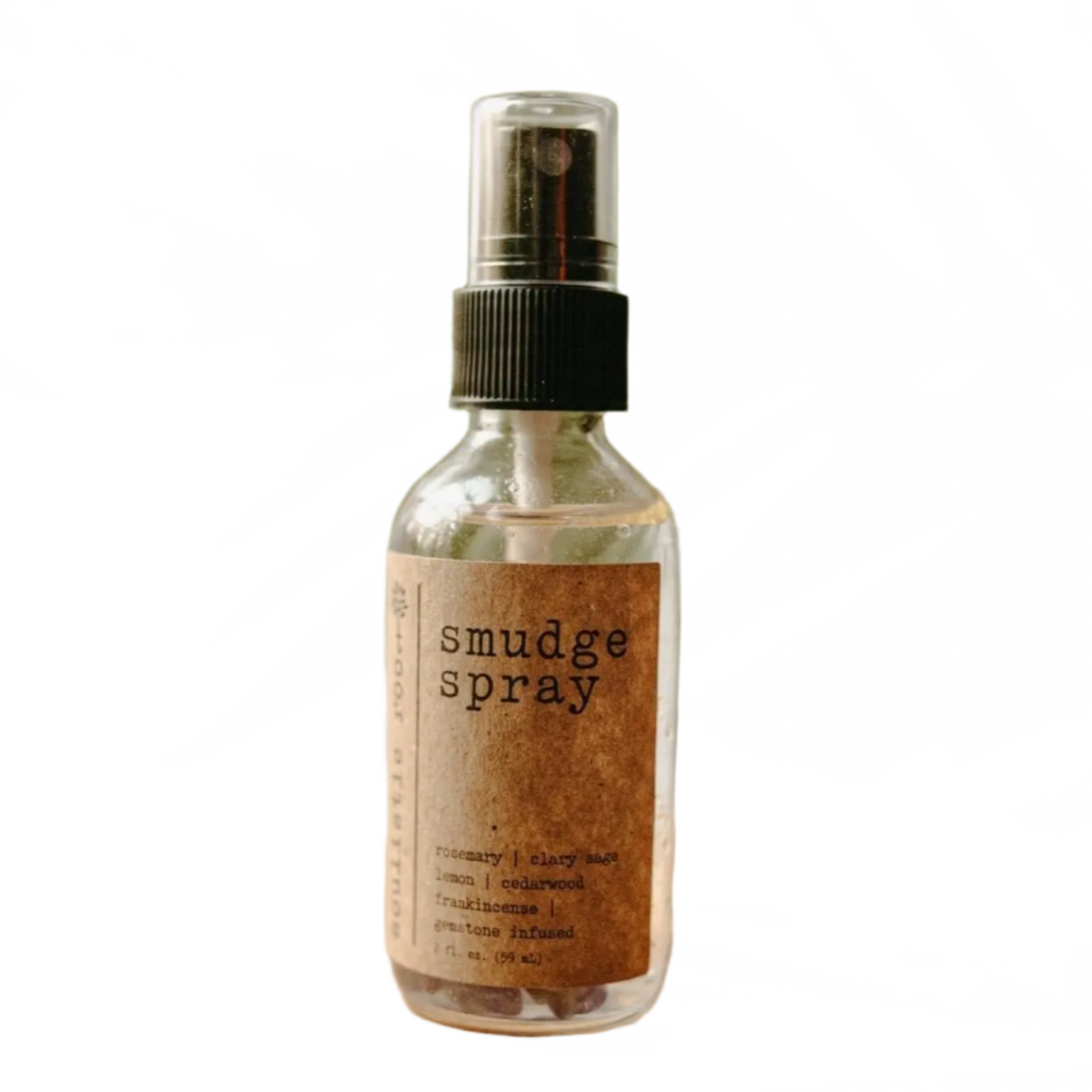Smudge spray bottle with a label on a white background