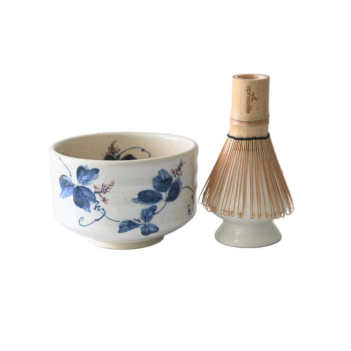 White Clay Kudzu Flowers Matcha Bowl With Whisk & Holder Set - Sumiye Co