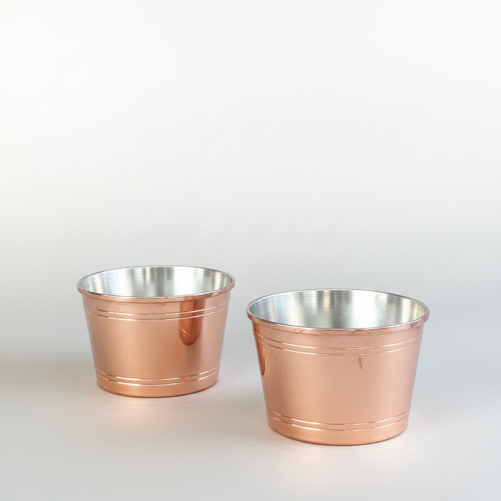 Two copper planters with a silver interior on a white background