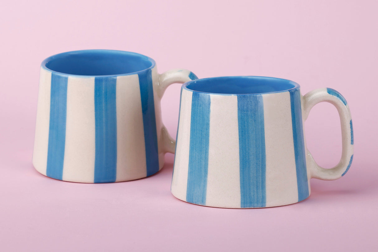 Ceramic Aqua Blue Stripe Coffee cup - 3.5 x 2.5 Inches ( Set of 4 )