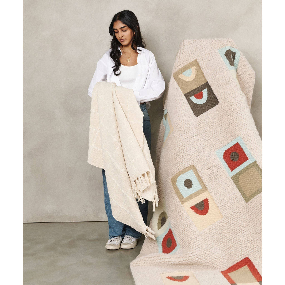 Sea Shell White Textured Checks Handloom Throw - Sumiye Co