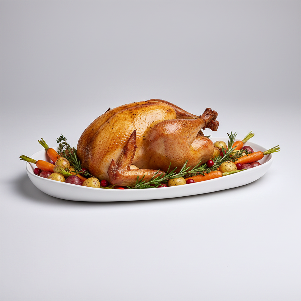 Roasted turkey on a platter with vegetables on a light gray background