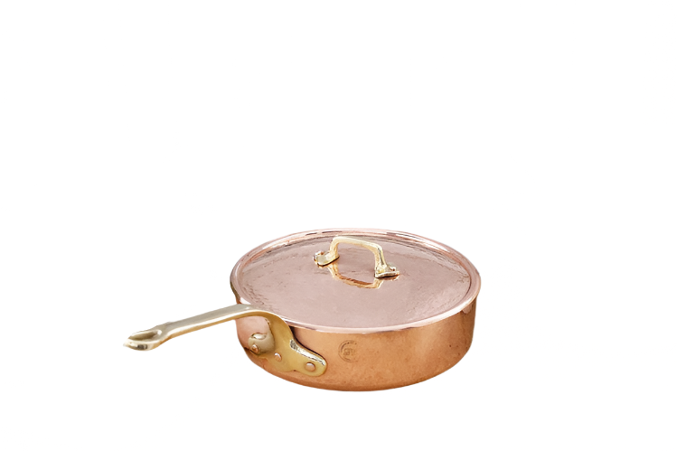 Copper frying pan with a lid on a white background
