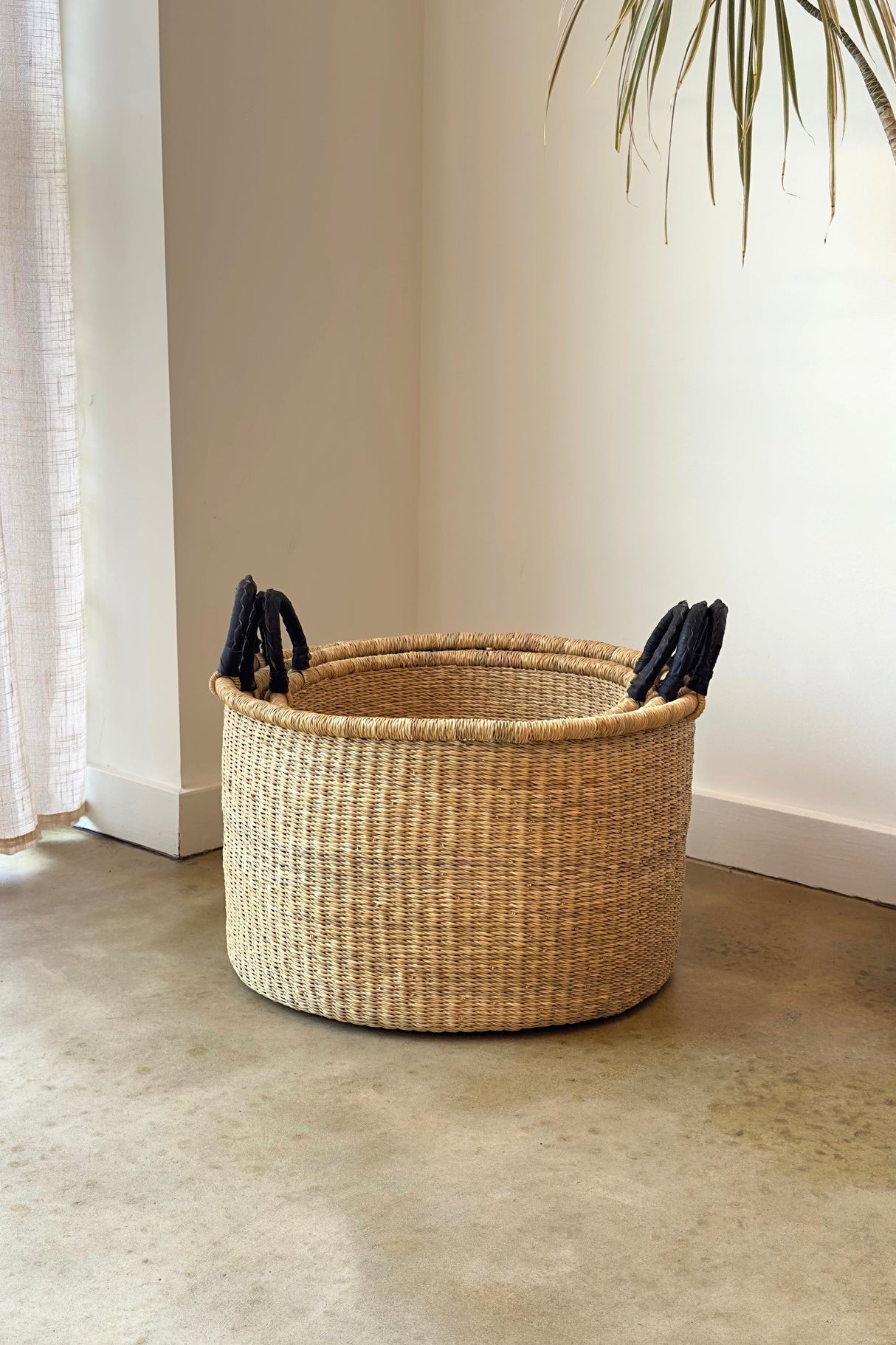 S/3 Handwoven Short Hampers with Leather Handles - Natural - Sumiye Co