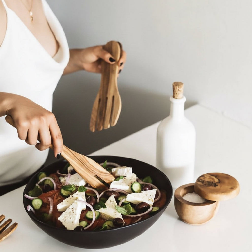 Gharyan Olive Wood Salad Servers Flat Forks Set | Tunisia - Sumiye Co
