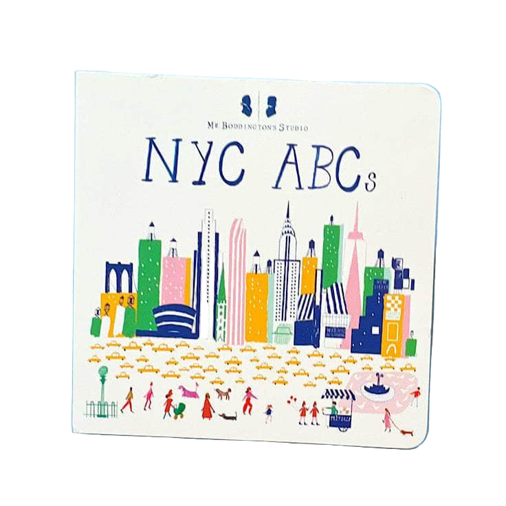 Children's book titled 'NYC ABCs' with colorful illustrations on a blue background