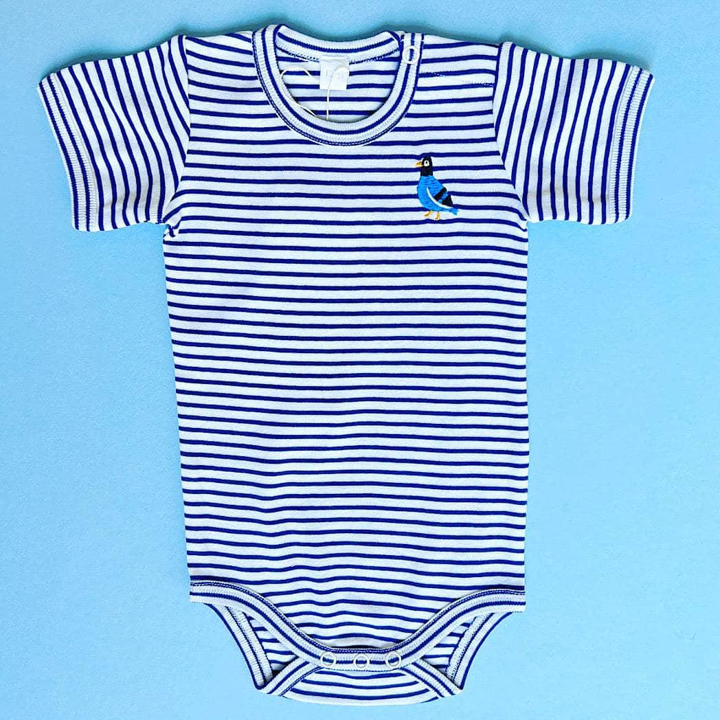 Estella Baby Clothes Organic Bodysuit in Blue Striped and with Embroidered Pigeon