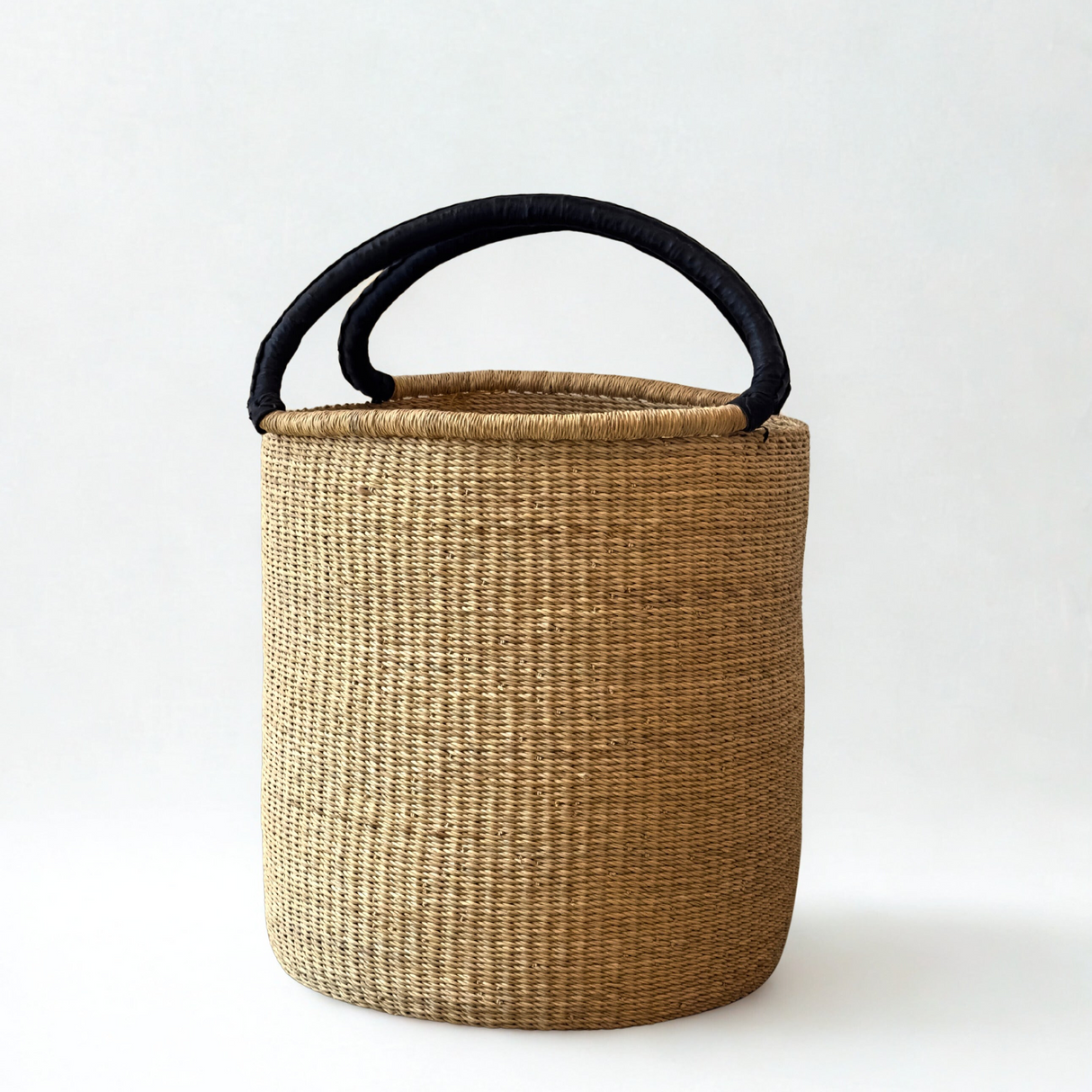 Handwoven Double Weave Hamper Basket with Black Leather Handles
