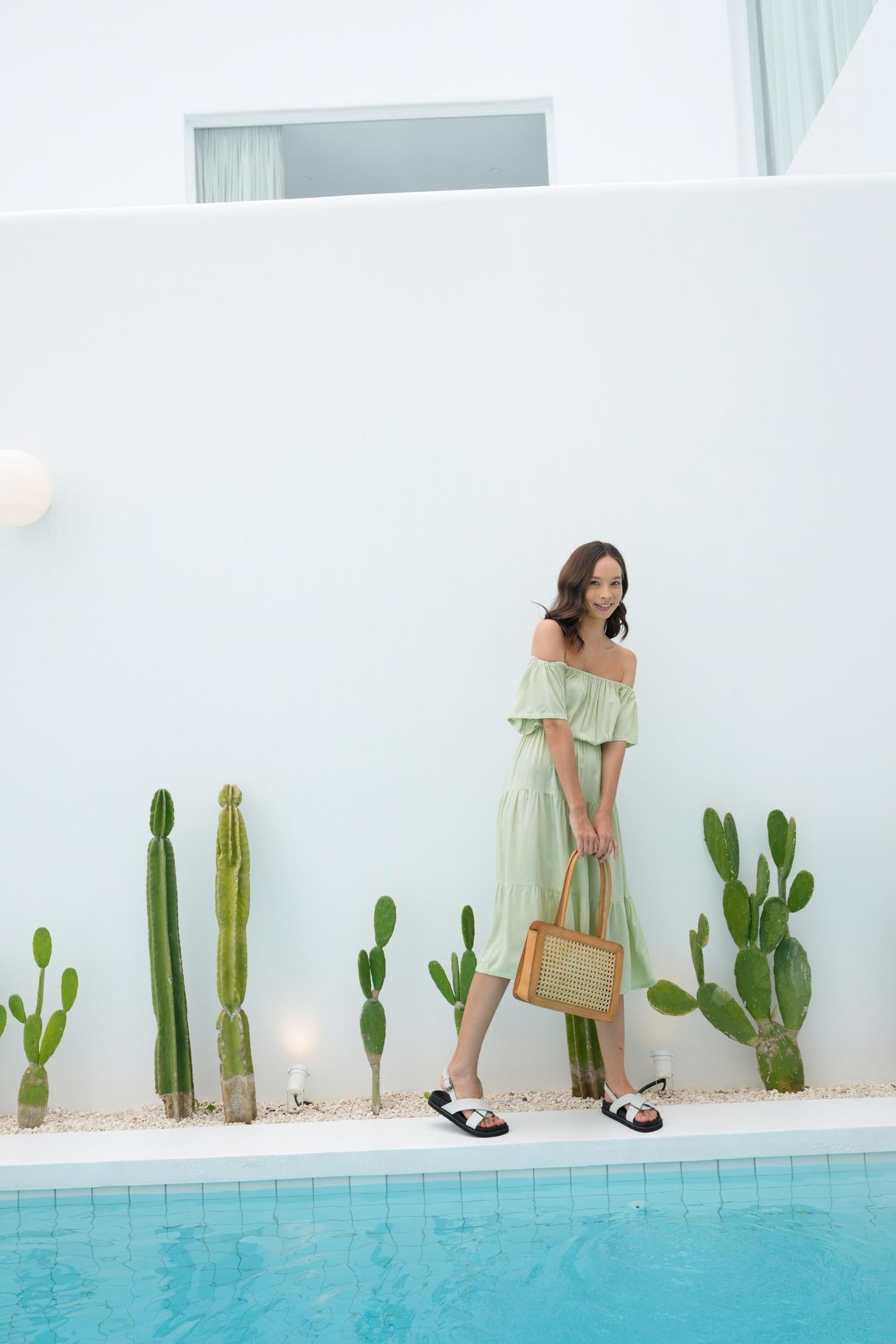 Regina Off-the-shoulder Midi Dress in Pistachio - Sumiye Co