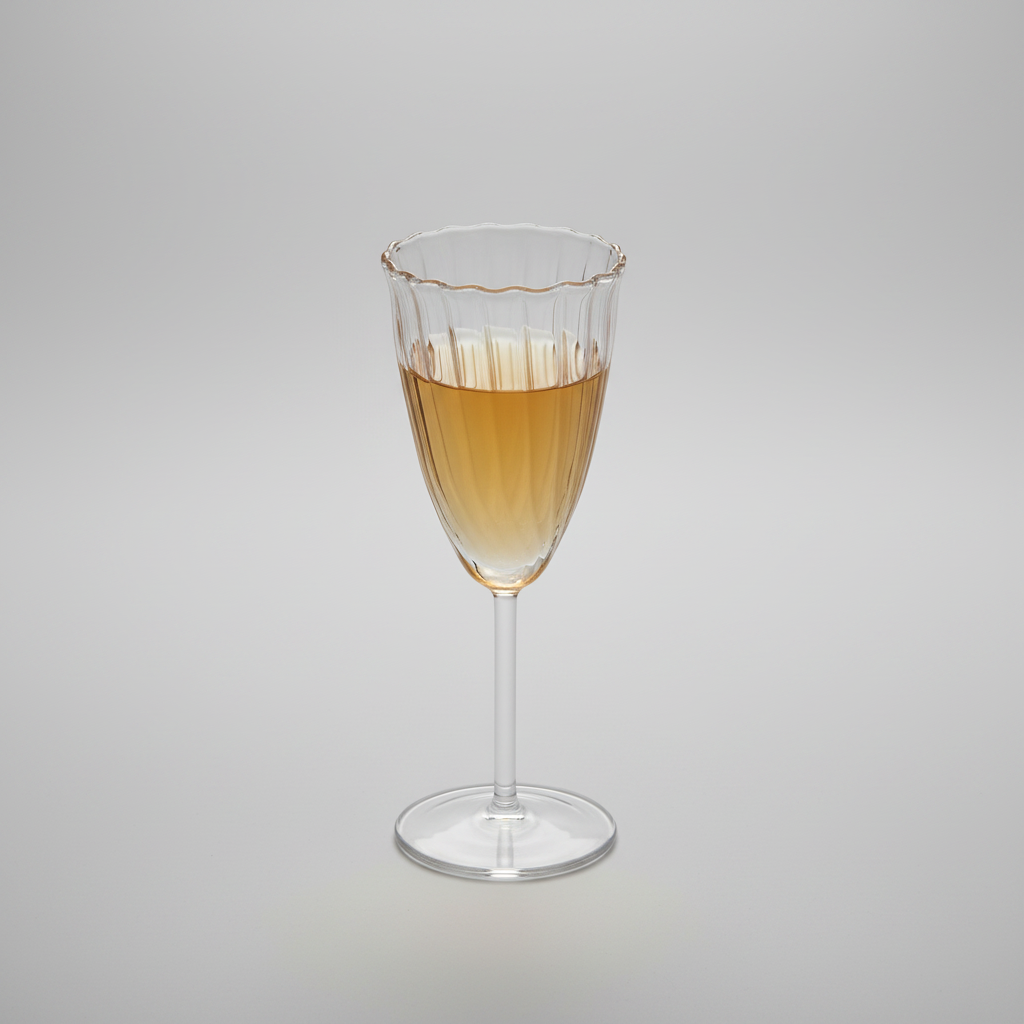 Clear glass with a textured rim filled with a yellowish liquid on a white background