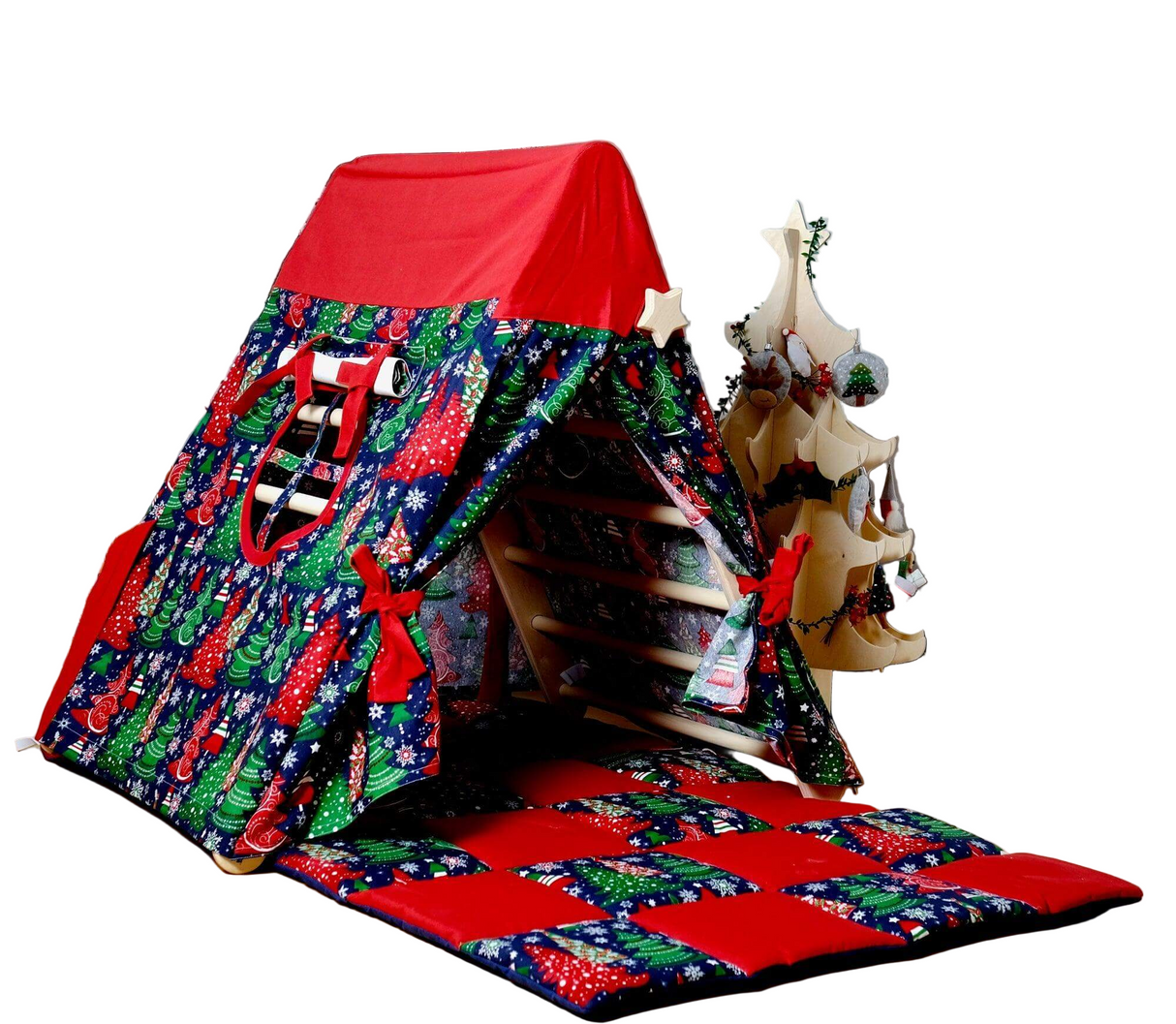 Climbing Triangle with Christmas Tent Cover, Mat, Ramp | Foldable Montessori Play Set - Sumiye Co