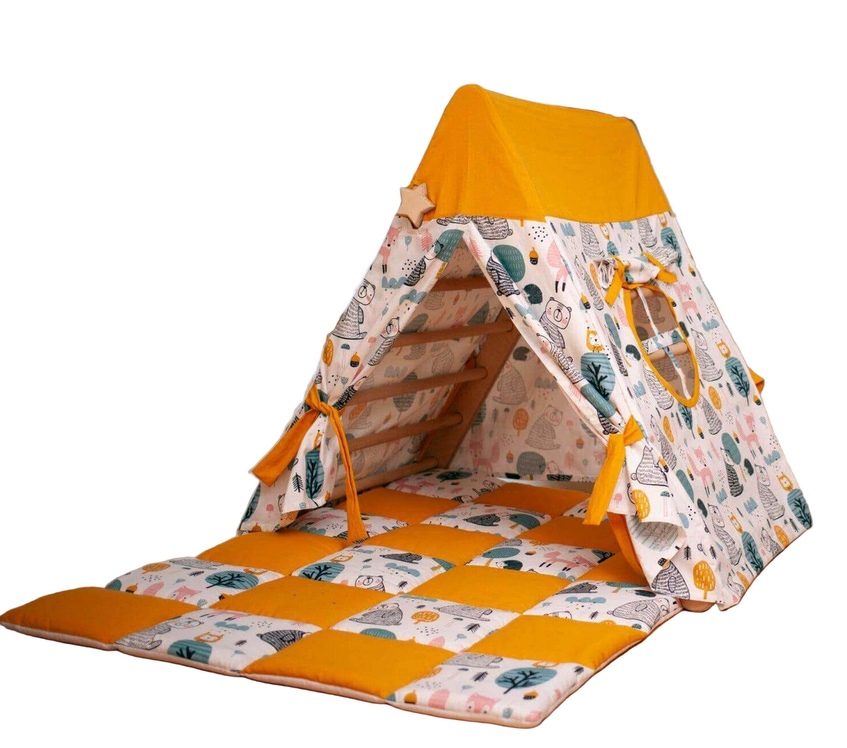 Children's play tent with a patterned design and orange accents on a white background