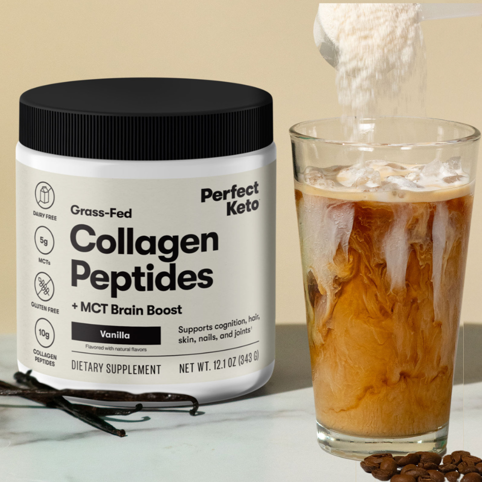 Jar of Perfect Keto Collagen Peptides next to a glass of iced coffee with vanilla powder being added.