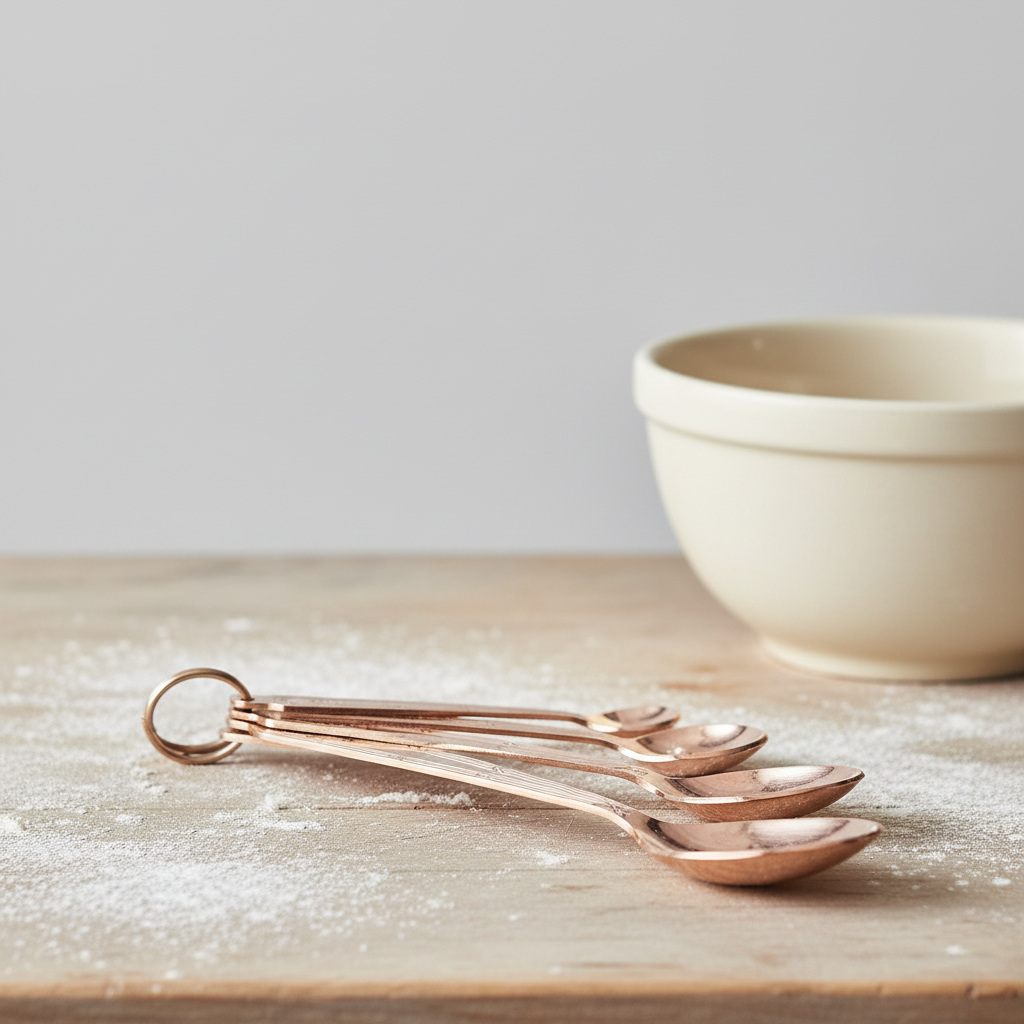 Set of copper measuring spoons on a wooden surface with a bowl in the background.
