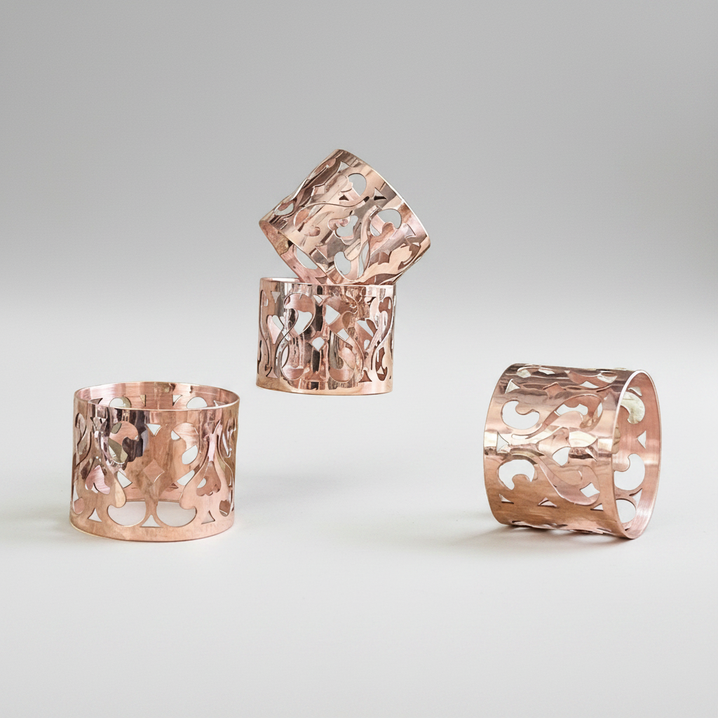 Set of copper napkin holders on a white background