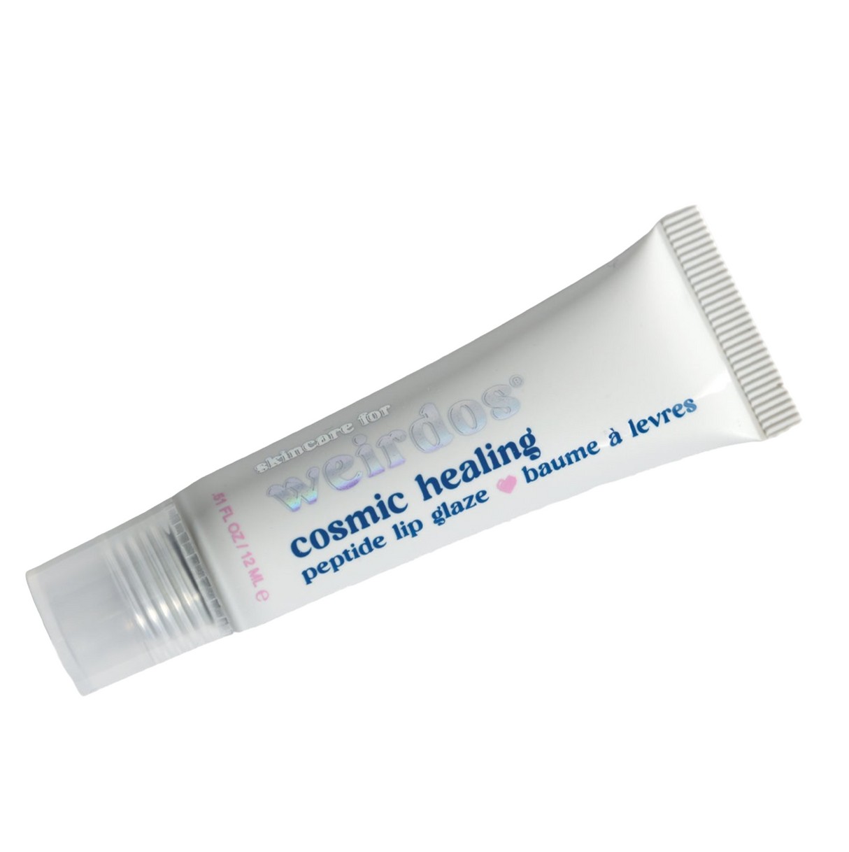 Tube of 'cosmic healing' lip glaze on a white background