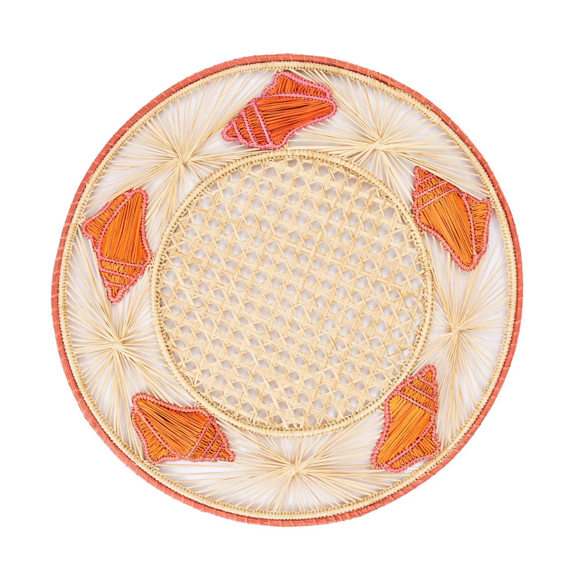 Decorative placemat with orange geometric patterns on a white background
