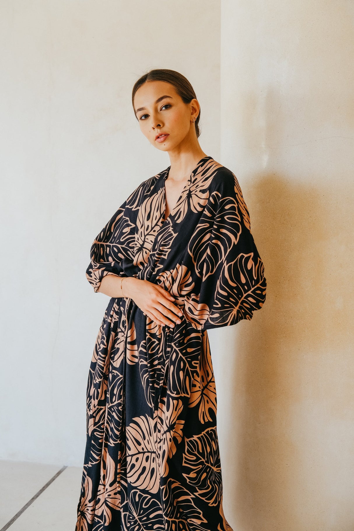 Tropical Palm Leaf Kimono in Black - Sumiye Co