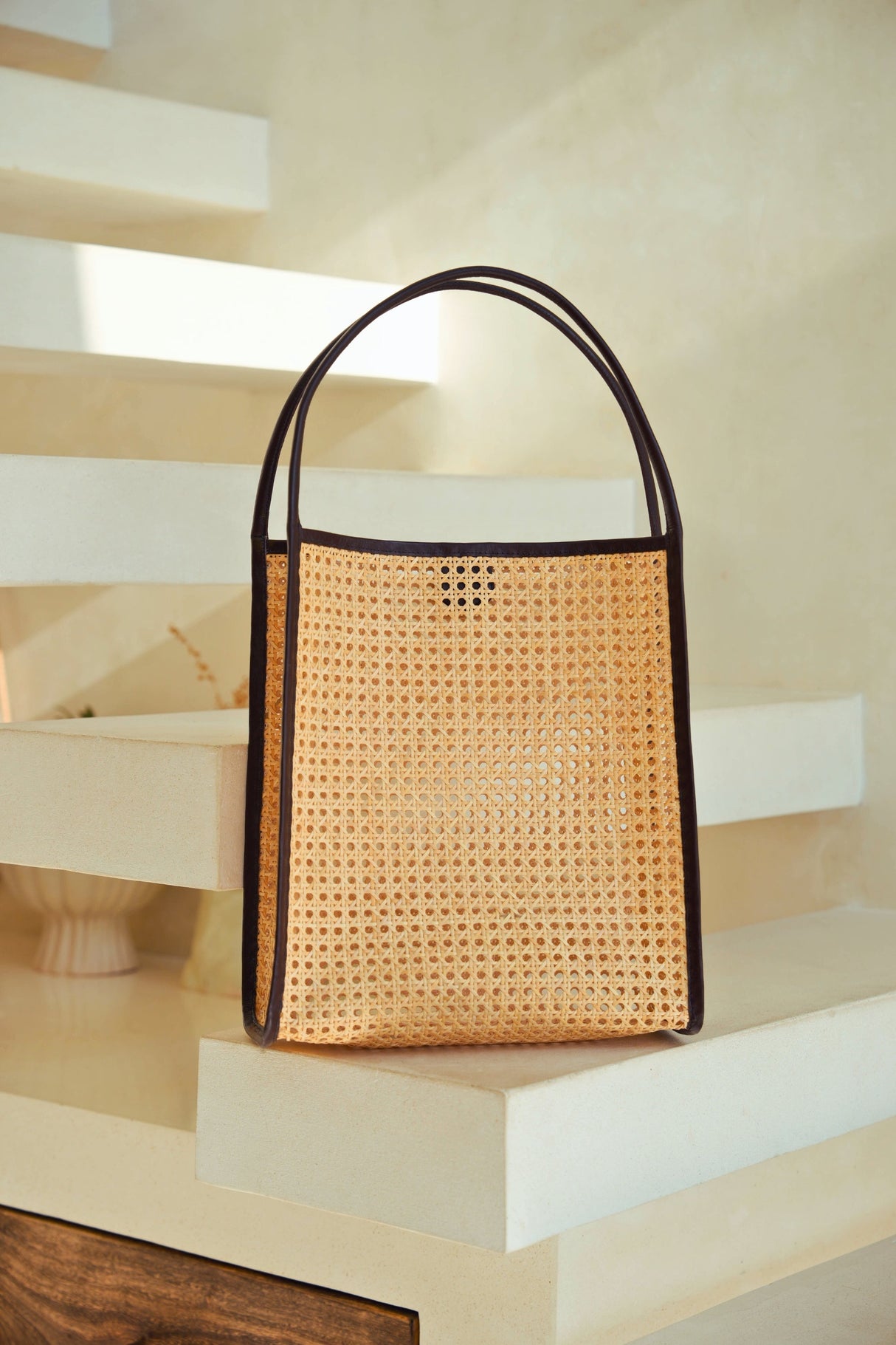 Viviana Oversized Cane and Leather Tote in Dark Brown - Sumiye Co