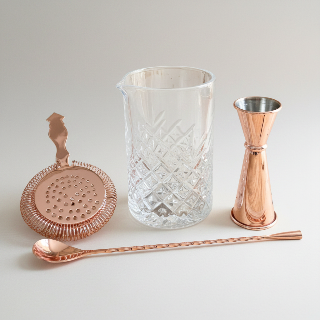 Set of cocktail-making tools including a strainer, jigger, and glass on a white background