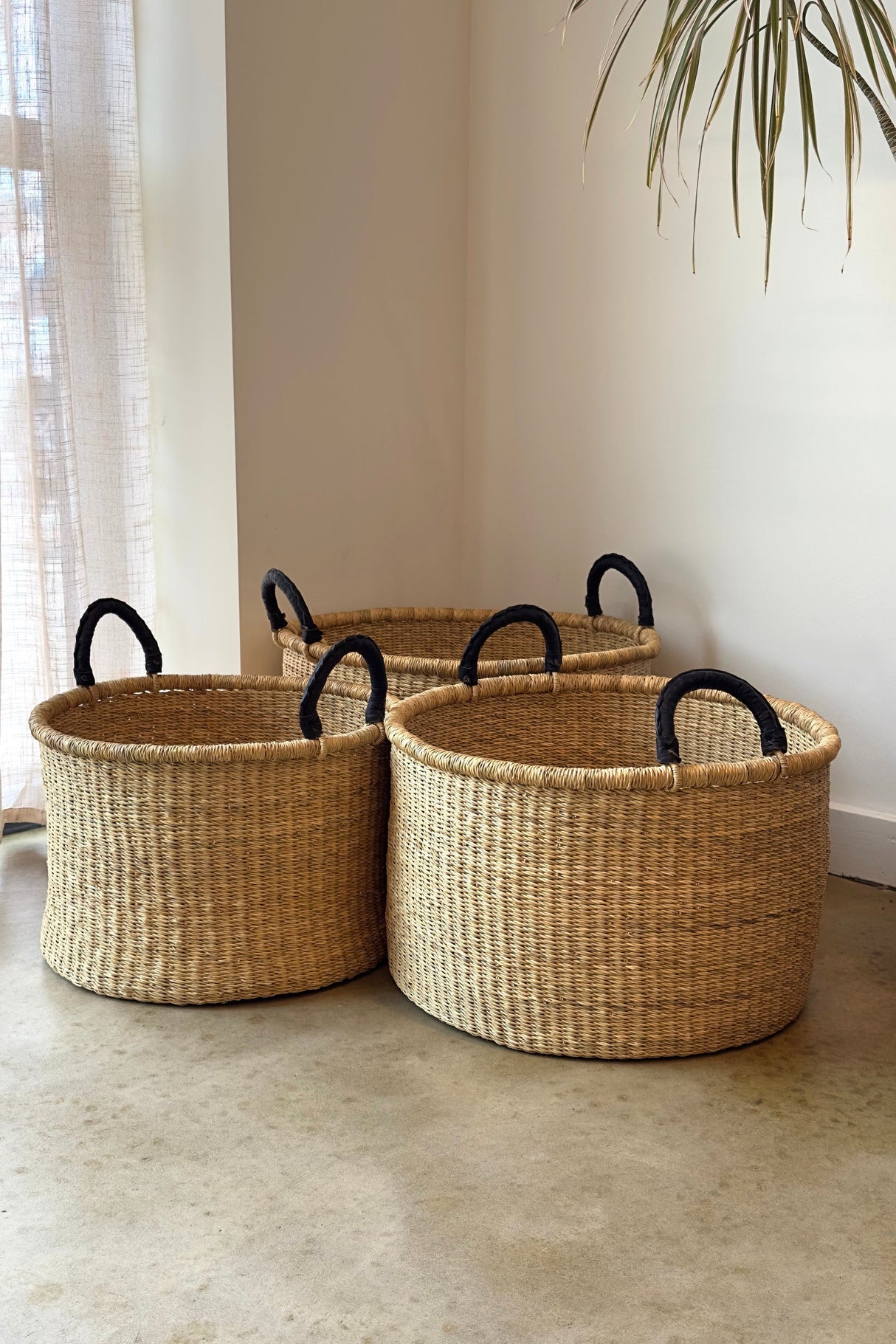 S/3 Handwoven Short Hampers with Leather Handles - Natural - Sumiye Co