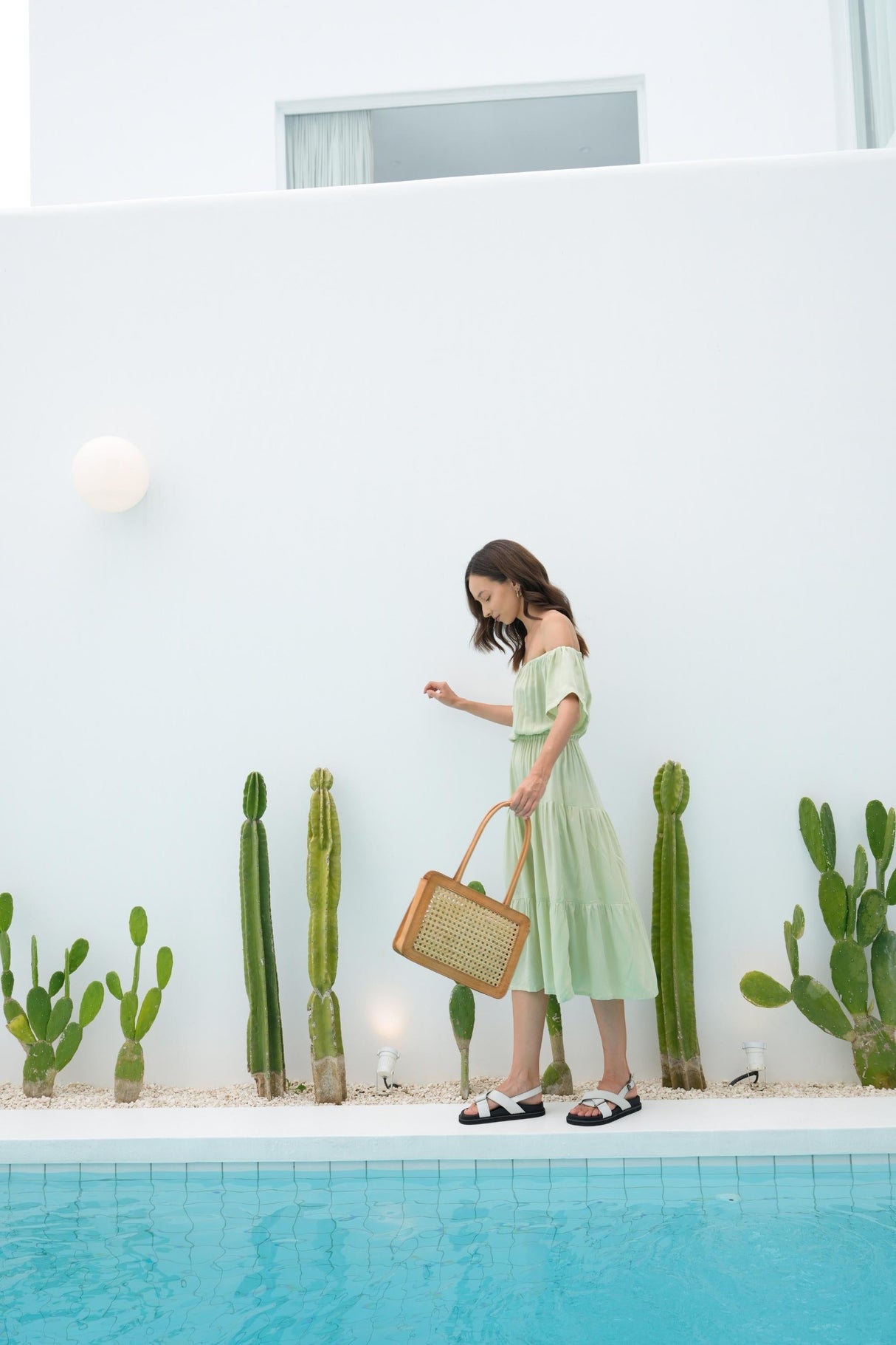 Regina Off-the-shoulder Midi Dress in Pistachio - Sumiye Co